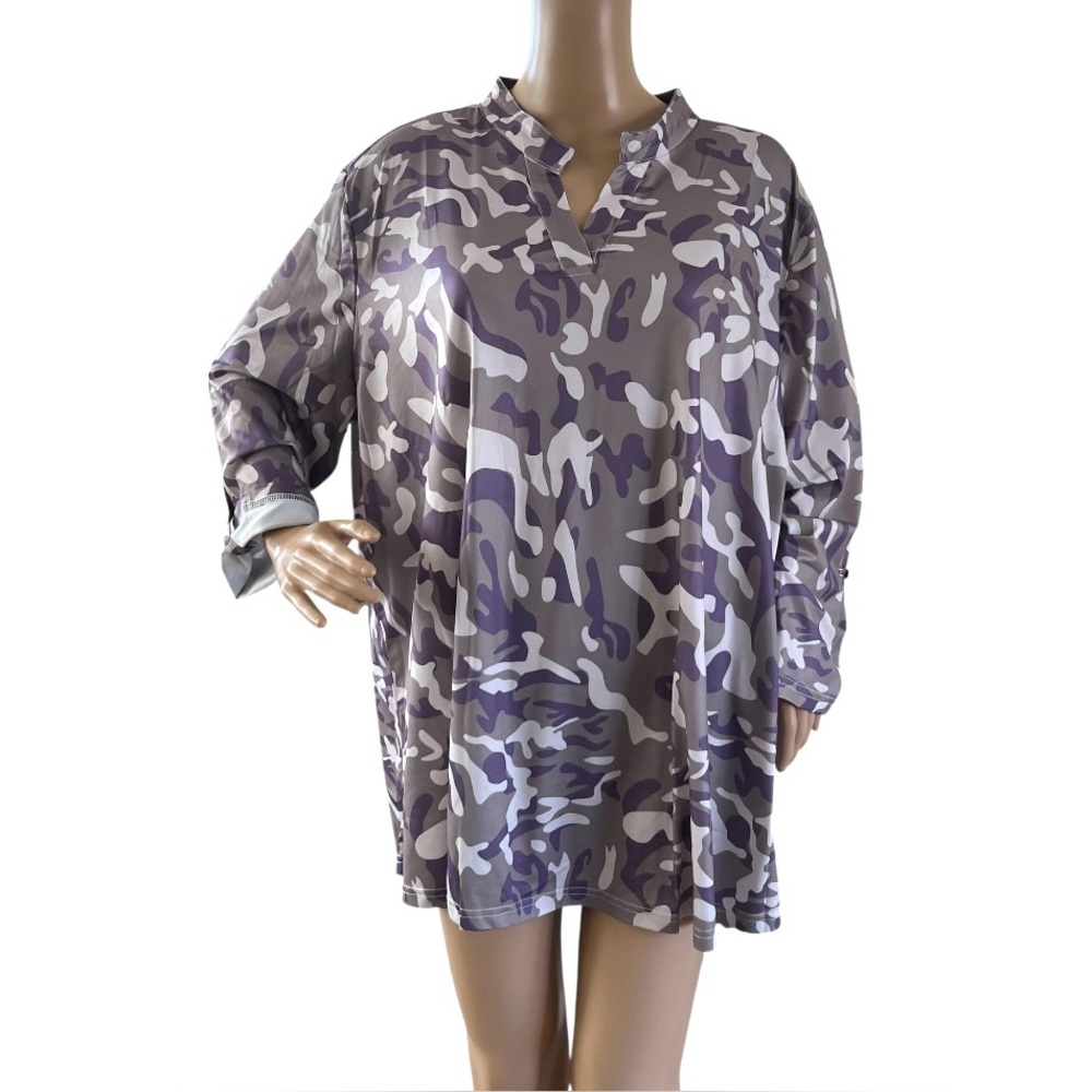 Haute Edition Gray & Lavender Camo Roll-Tab Tunic